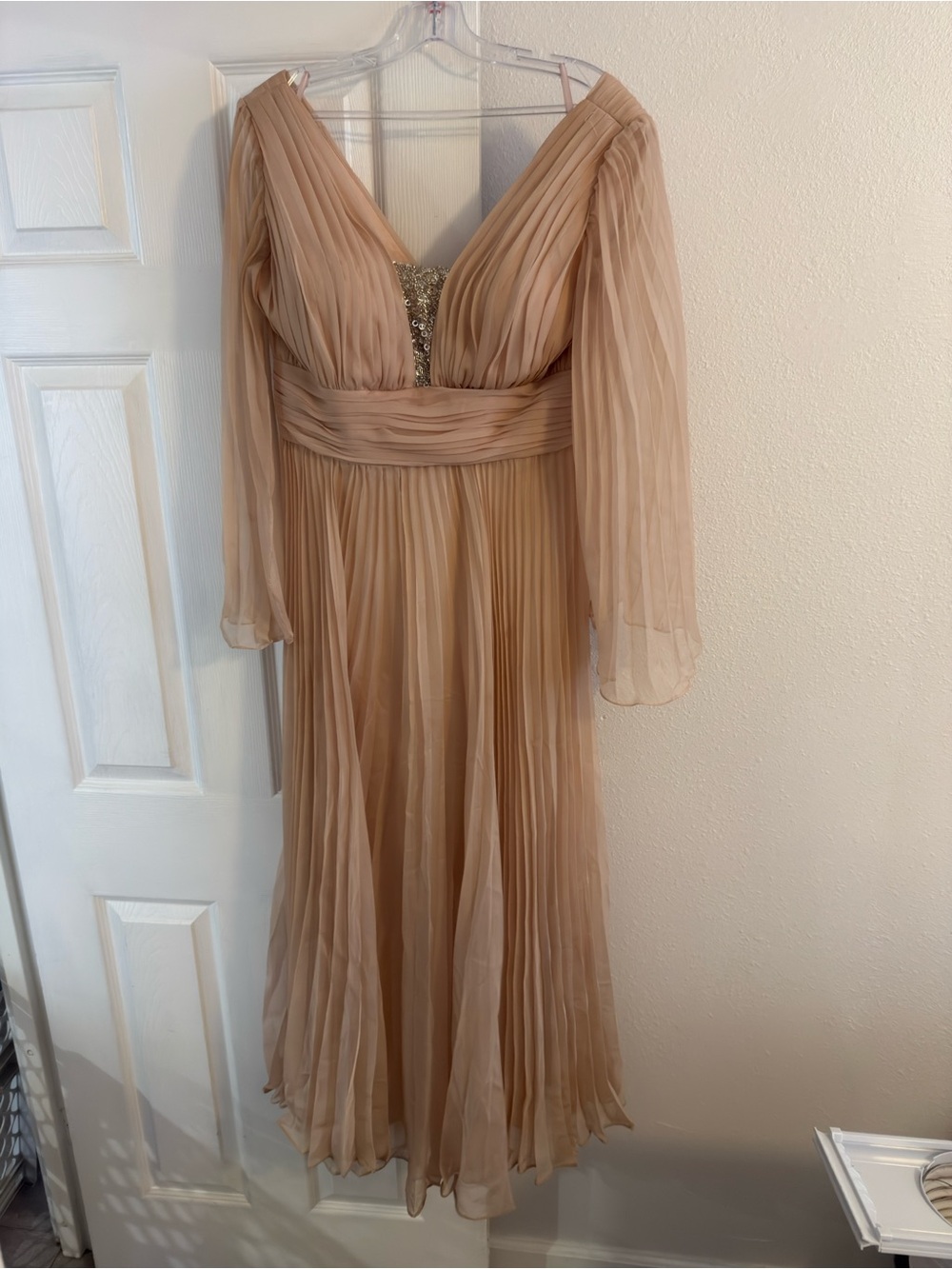 Cinderella Beige Pleated V-Neck Long Sleeve Gown